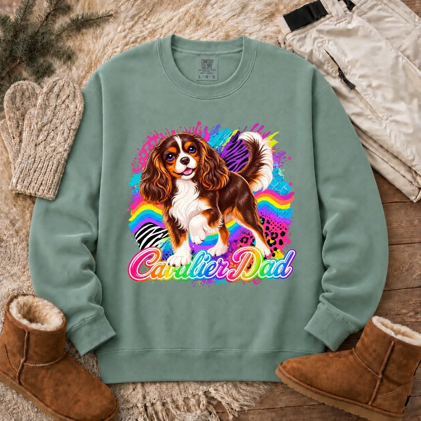 Custom Cavalier Dad Retro Neon Unisex Sweatshirt Light Green