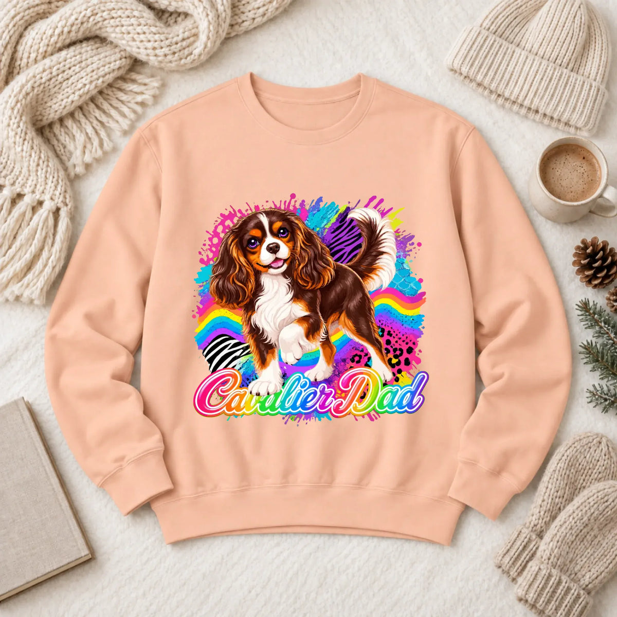 Custom Cavalier Dad Retro Neon Unisex Sweatshirt Peachy