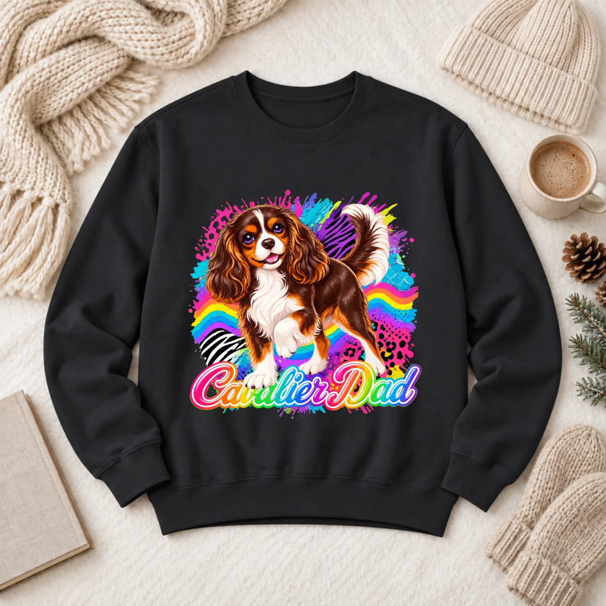 Custom Cavalier Dad Retro Neon Unisex Sweatshirt Black