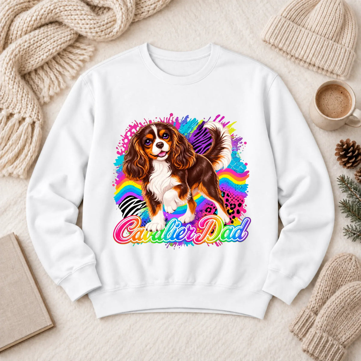 Custom Cavalier Dad Retro Neon Unisex Sweatshirt White