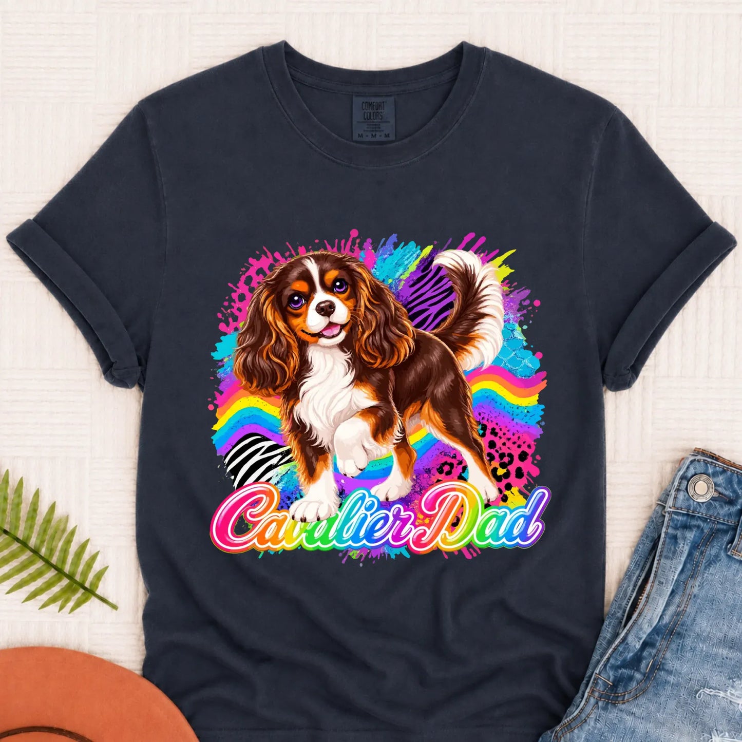 Custom Cavalier Dad Retro Neon Unisex Tshirt Navy