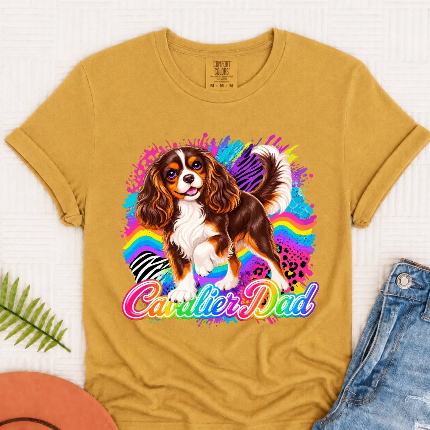 Custom Cavalier Dad Retro Neon Unisex Tshirt Mustard