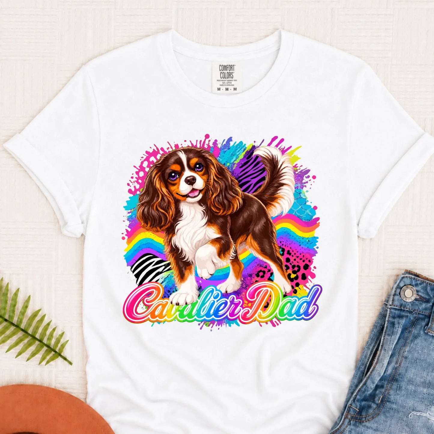 Custom Cavalier Dad Retro Neon Unisex Tshirt White