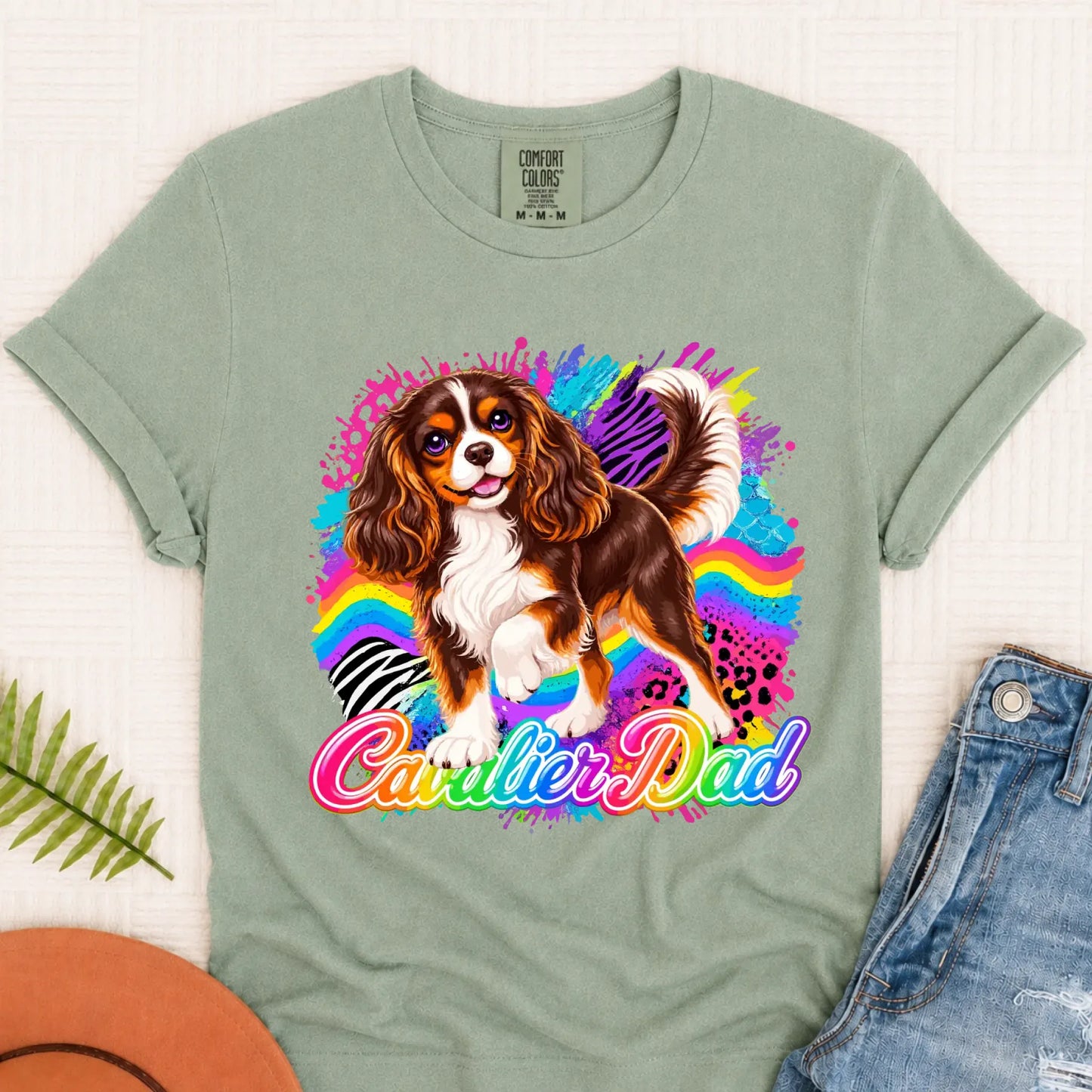 Custom Cavalier Dad Retro Neon Unisex Tshirt Bay