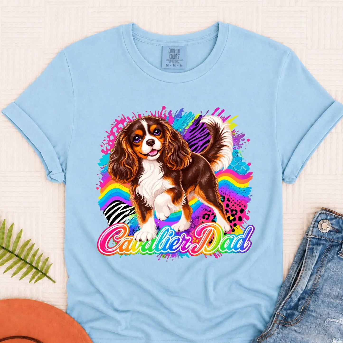 Custom Cavalier Dad Retro Neon Unisex Tshirt Chambray