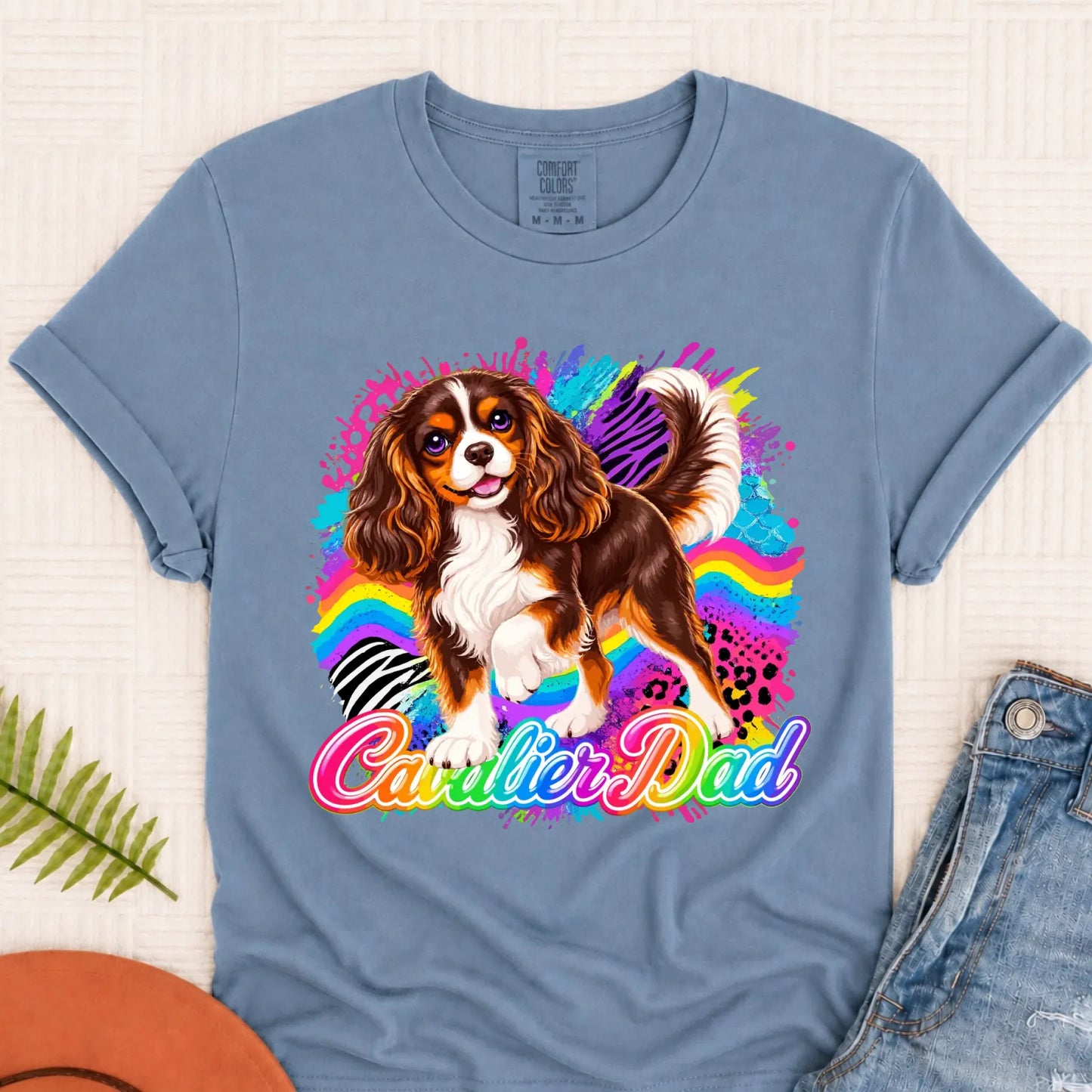 Custom Cavalier Dad Retro Neon Unisex Tshirt Blue Jean
