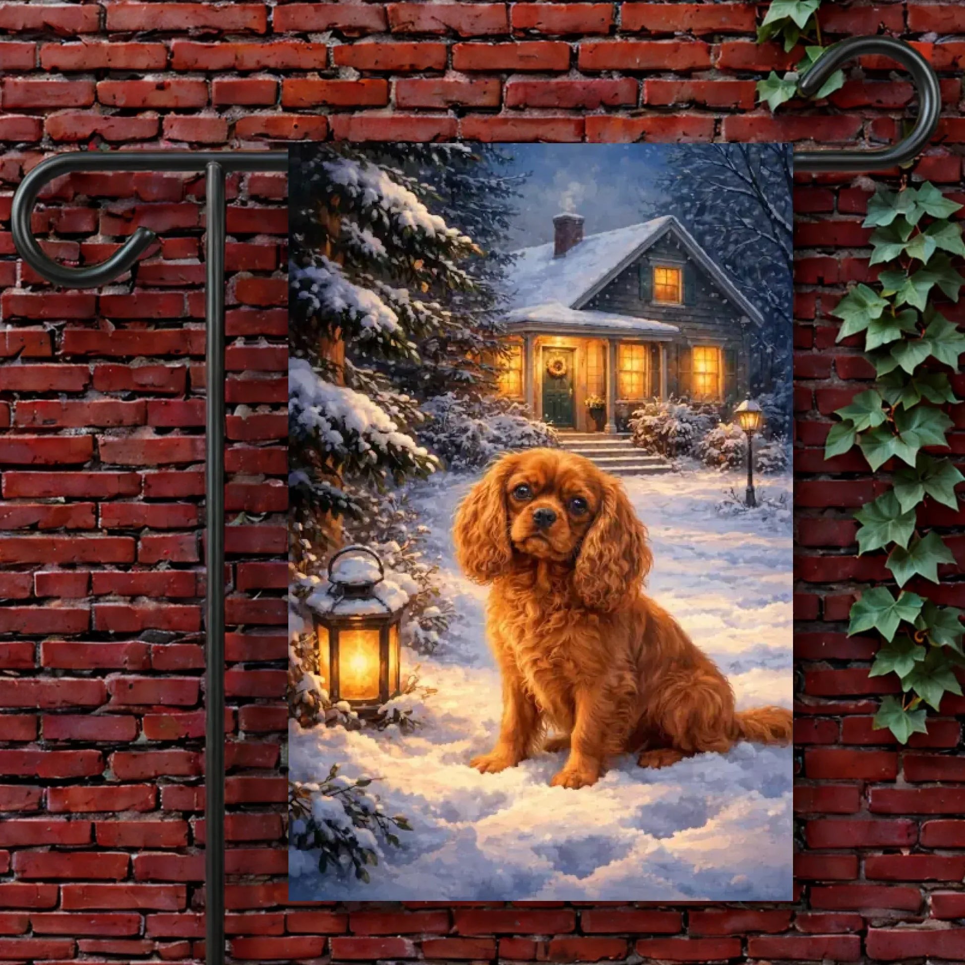 Garden Flag 12'' × 18'' Custom Cavalier Dog Snowy Winter Scene Garden Flag