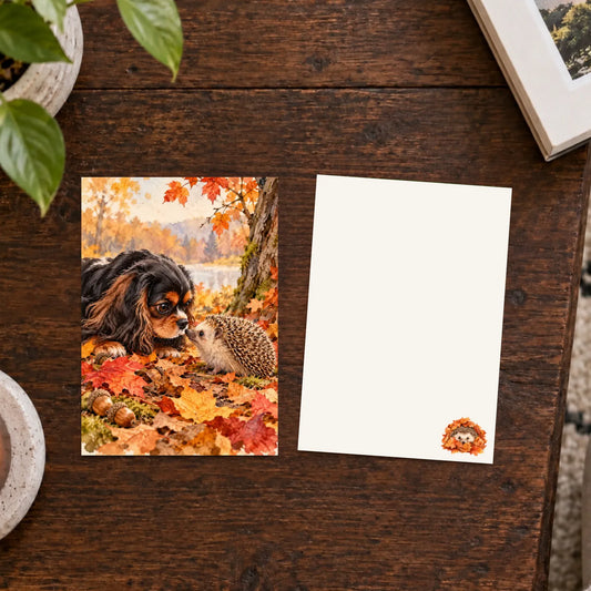 Customizer Flat Greeting Cards (envelopes included) / Default / 5" x 7" (square corner) / Eggshell / 1 pc Custom Cavalier Fall Hedgehog Greeting Card Art