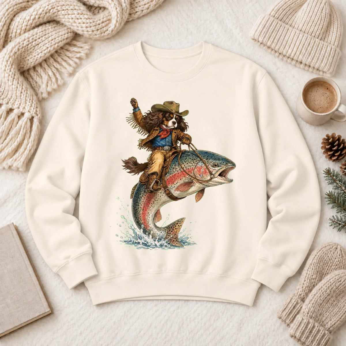 Custom Cavalier Fishing Unisex Sweatshirt Ivory
