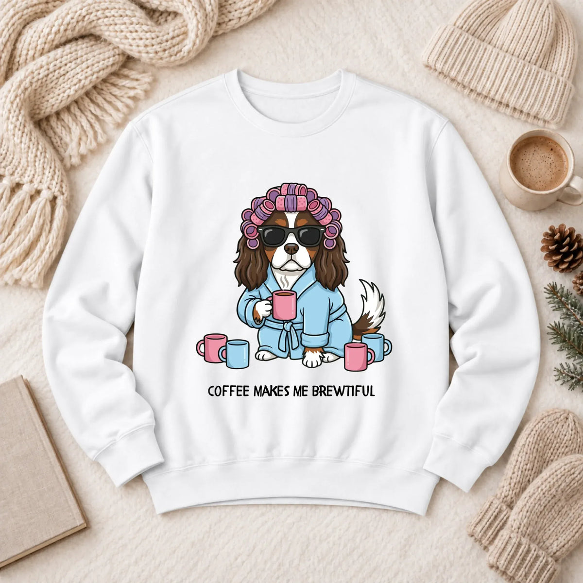 Custom Cavalier Funny Coffee Unisex Sweatshirt White