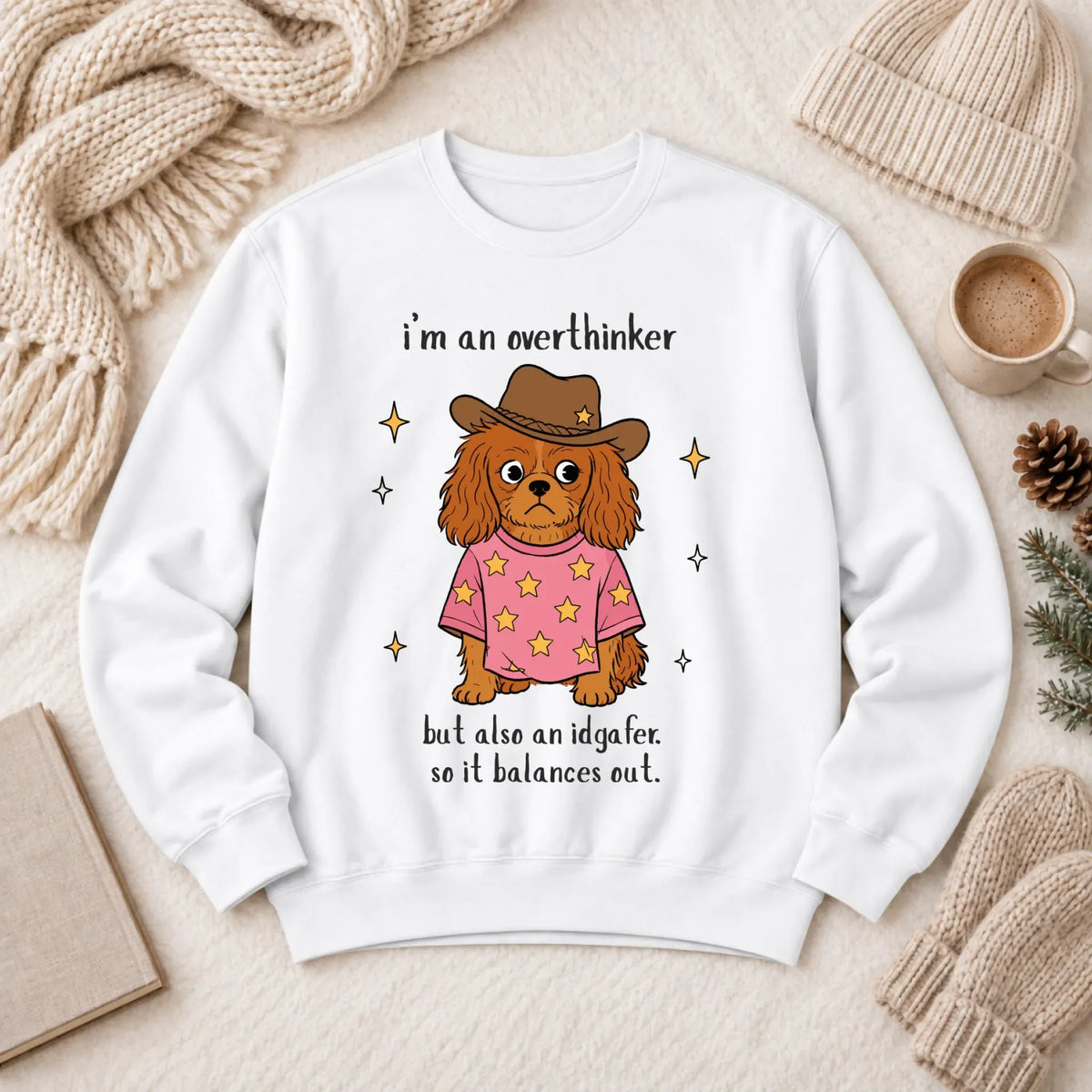 Custom Cavalier Funny Overthinker Unisex Sweatshirt White