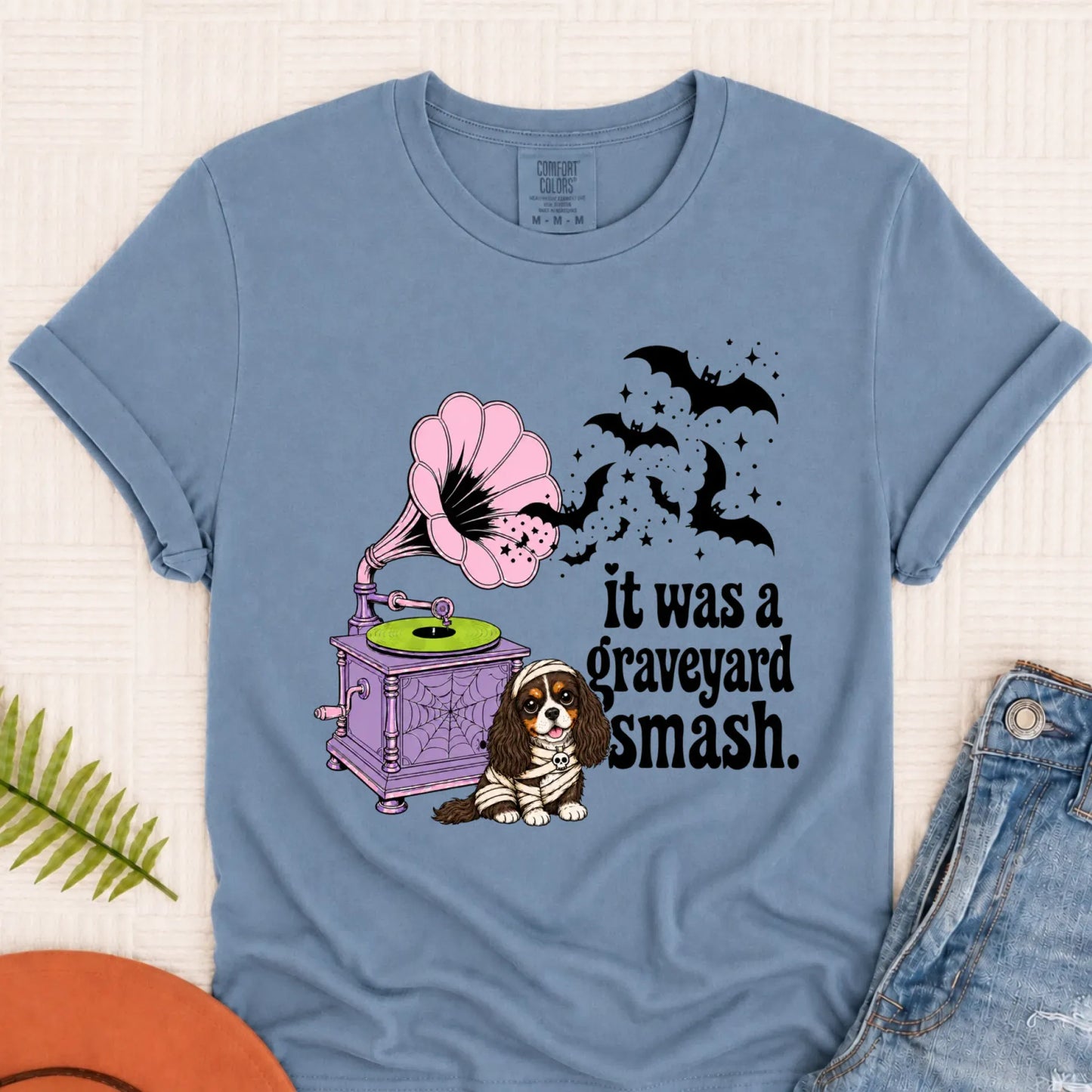 Custom Cavalier Halloween Graveyard Smash Unisex Tshirt Blue Jean