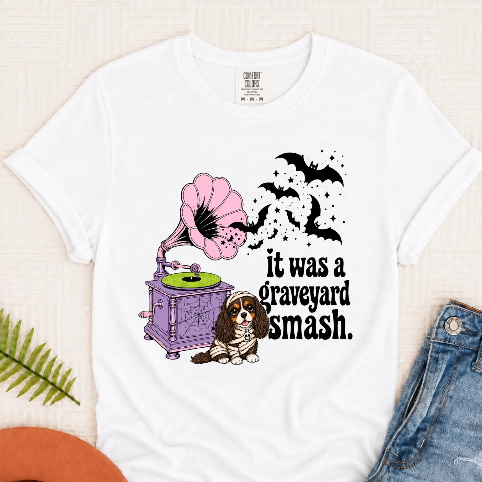 Custom Cavalier Halloween Graveyard Smash Unisex Tshirt White