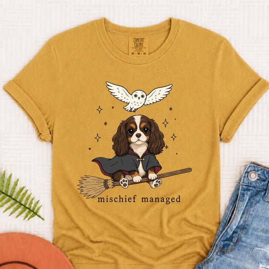 Custom Cavalier Halloween Mischief Managed Unisex TShirt Mustard