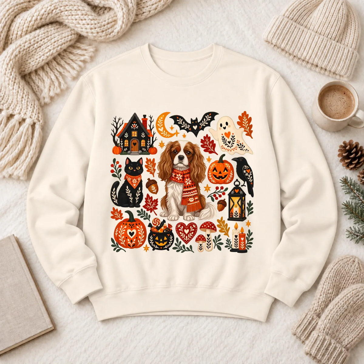 Custom Cavalier Halloween Scandinavian Unisex Sweatshirt Ivory