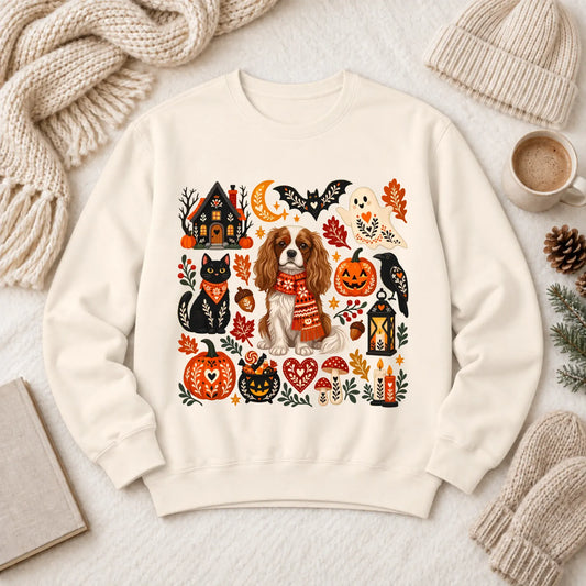 Custom Cavalier Halloween Scandinavian Unisex Sweatshirt Ivory