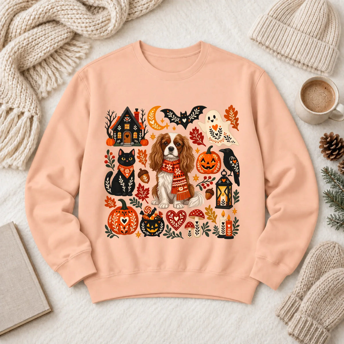 Custom Cavalier Halloween Scandinavian Unisex Sweatshirt Peachy