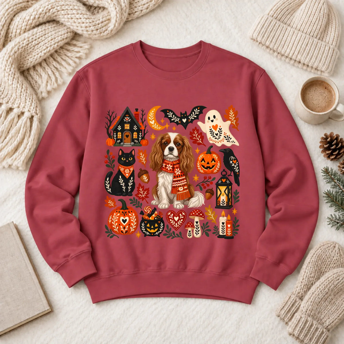 Custom Cavalier Halloween Scandinavian Unisex Sweatshirt Crimson