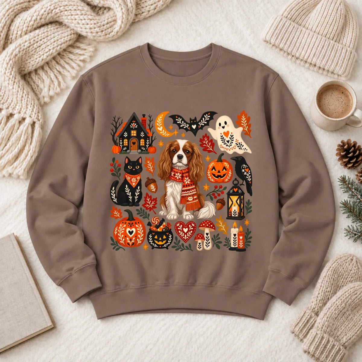 Custom Cavalier Halloween Scandinavian Unisex Sweatshirt Espresso