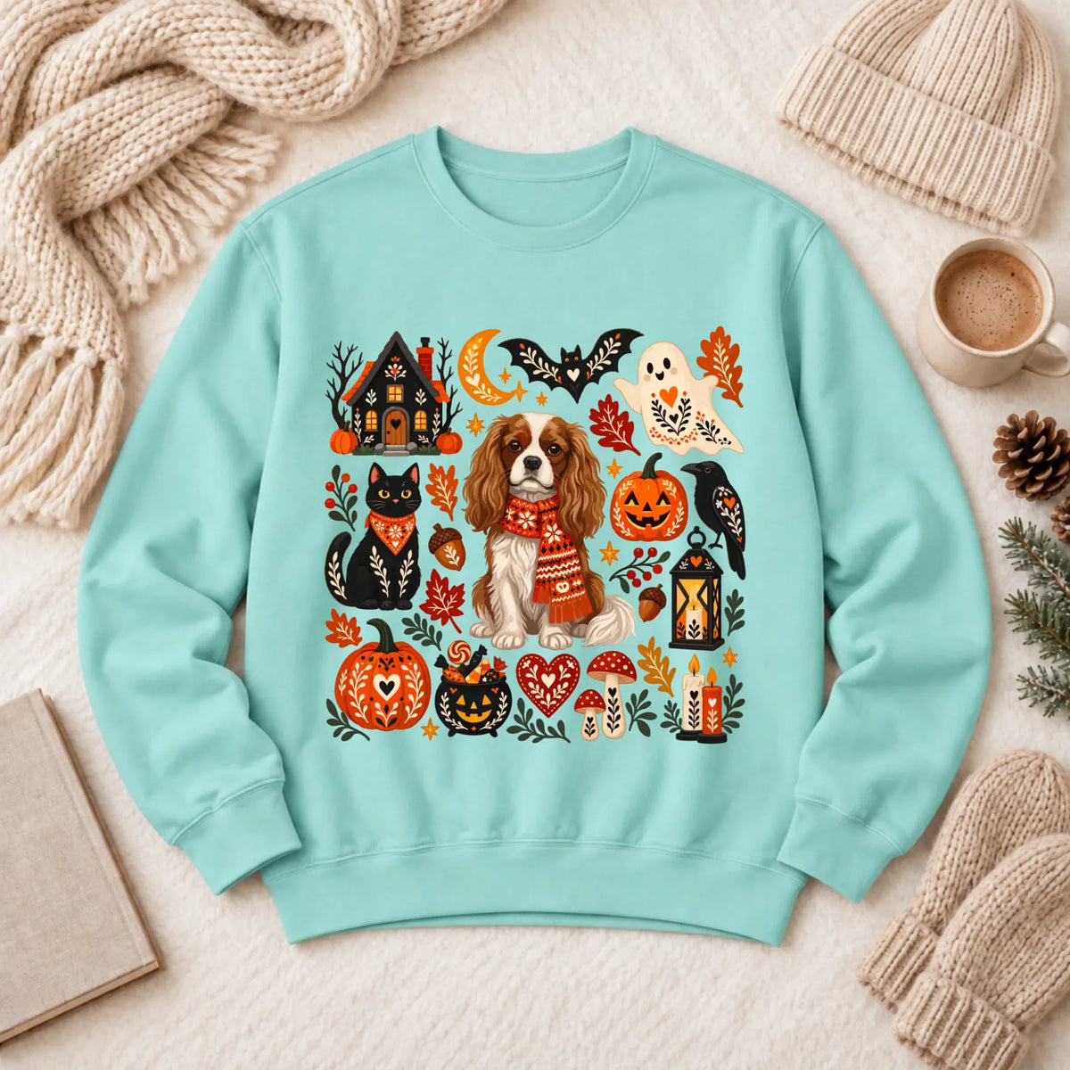 Custom Cavalier Halloween Scandinavian Unisex Sweatshirt Chalky Mint