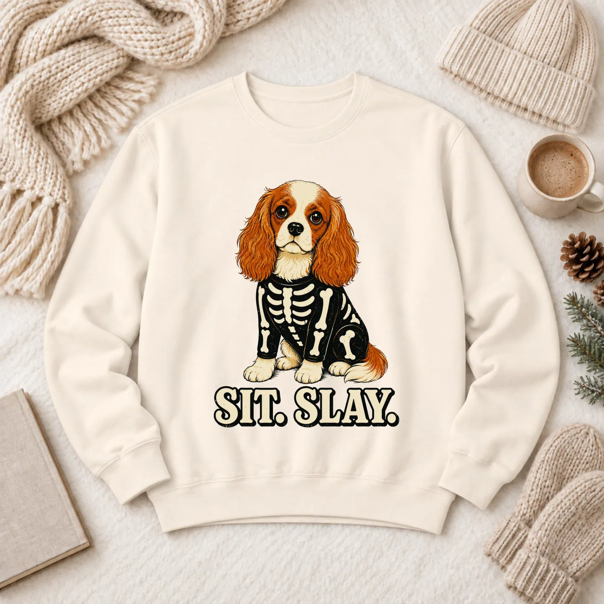 Custom Cavalier Halloween Skeleton Unisex Sweatshirt Ivory