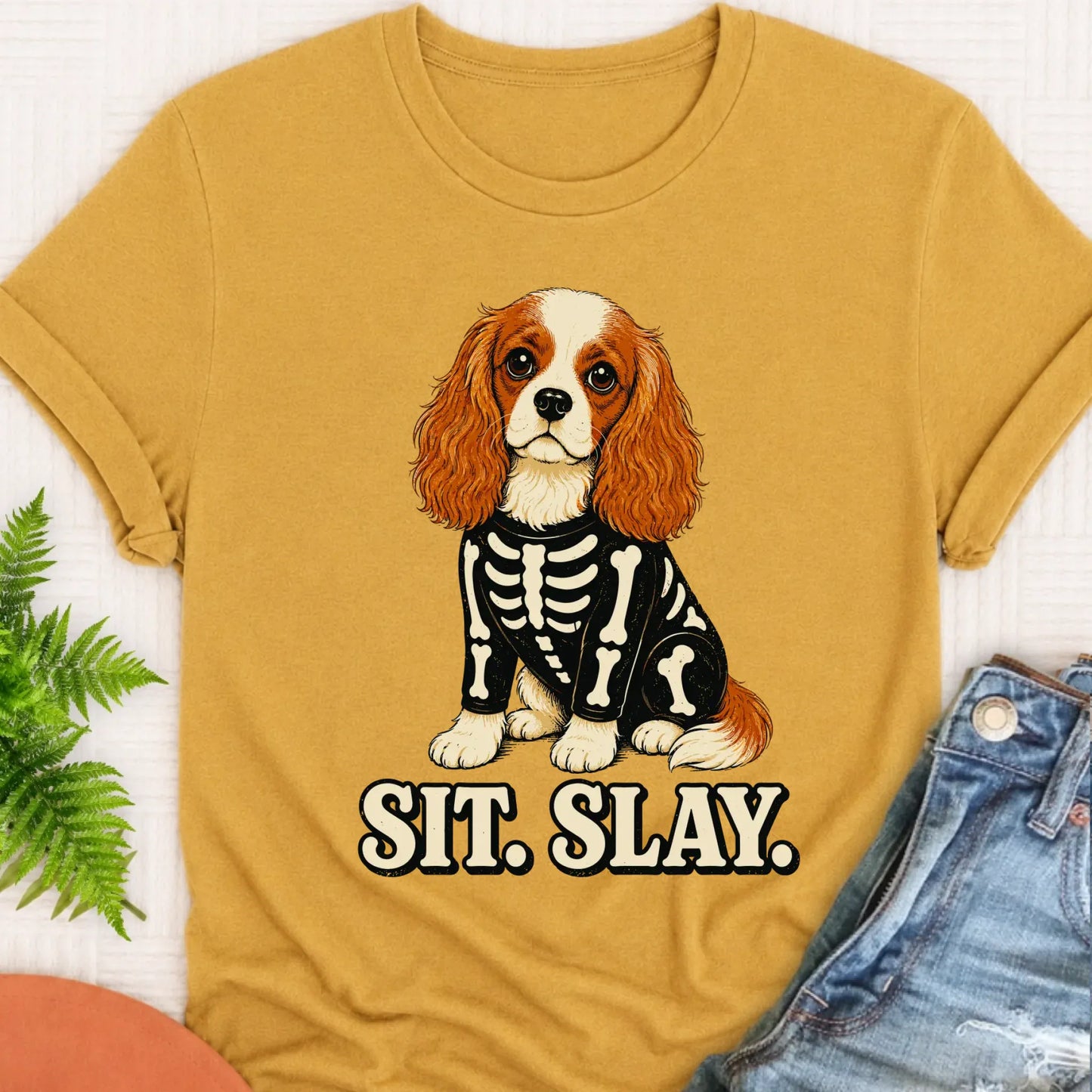 T-Shirt Mustard / S Custom Cavalier Halloween Skeleton Unisex TShirt