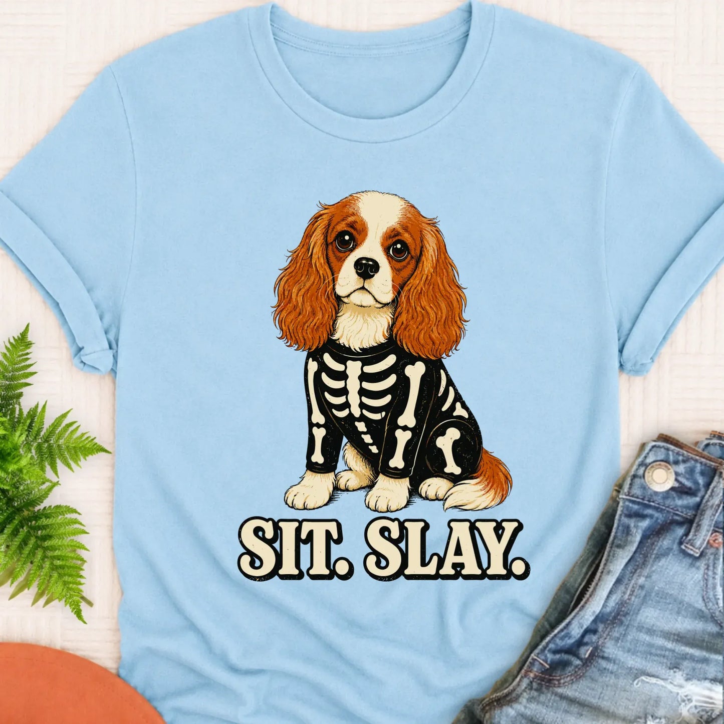 T-Shirt Chambray / S Custom Cavalier Halloween Skeleton Unisex TShirt