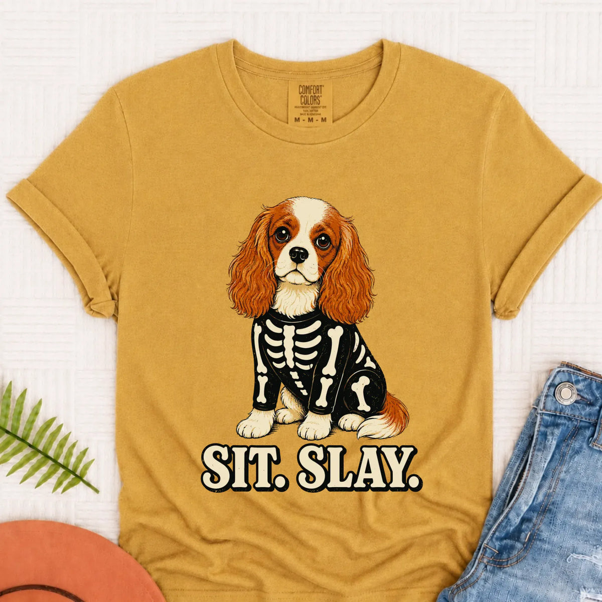 Custom Cavalier Halloween Skeleton Unisex TShirt Mustard