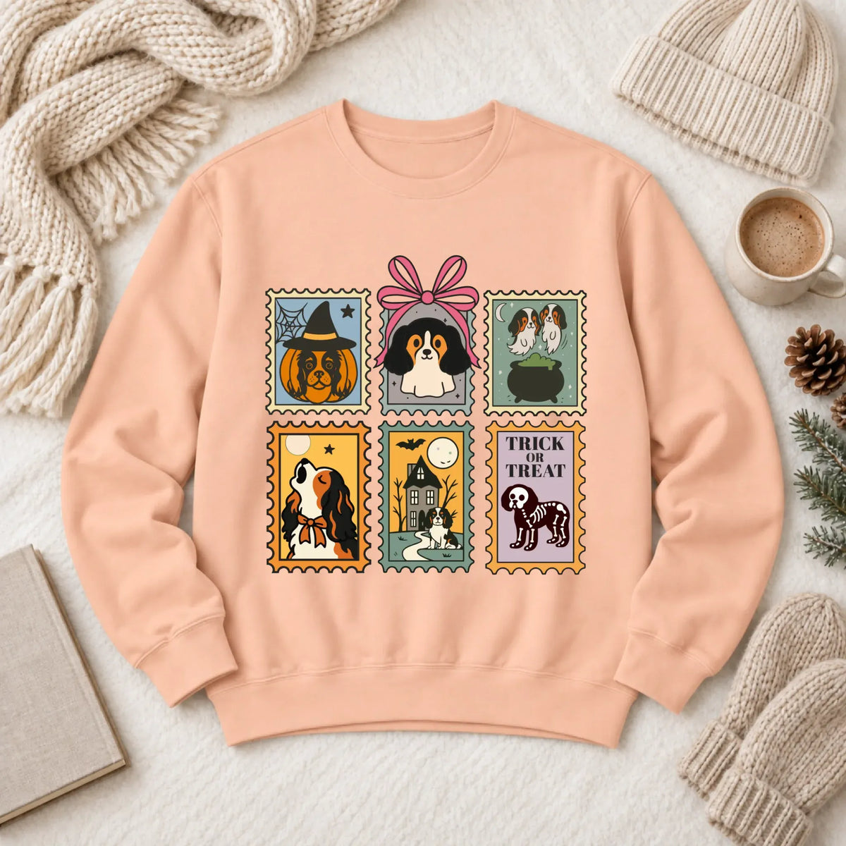 Custom Cavalier Halloween Stamps Unisex Sweatshirt Peachy
