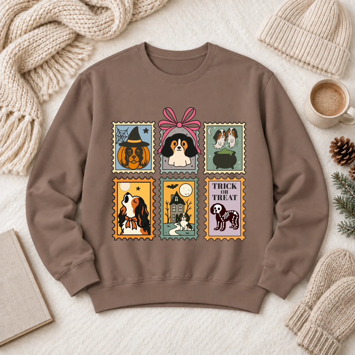 Custom Cavalier Halloween Stamps Unisex Sweatshirt Espresso
