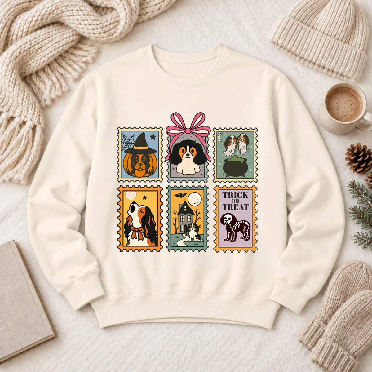 Custom Cavalier Halloween Stamps Unisex Sweatshirt Ivory