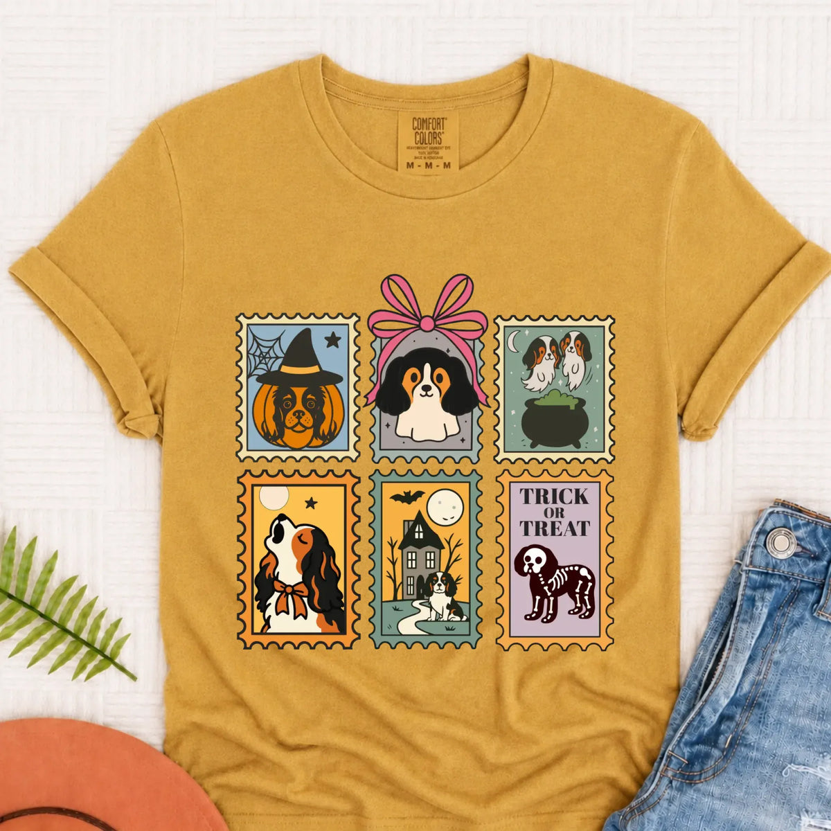 Custom Cavalier Halloween Stamps Unisex TShirt Mustard