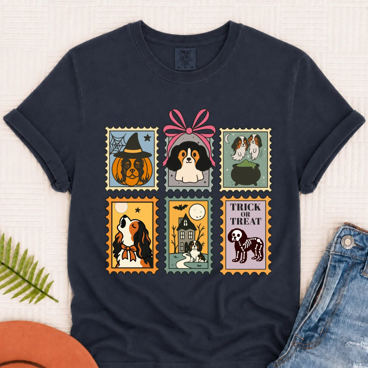 Custom Cavalier Halloween Stamps Unisex TShirt Navy