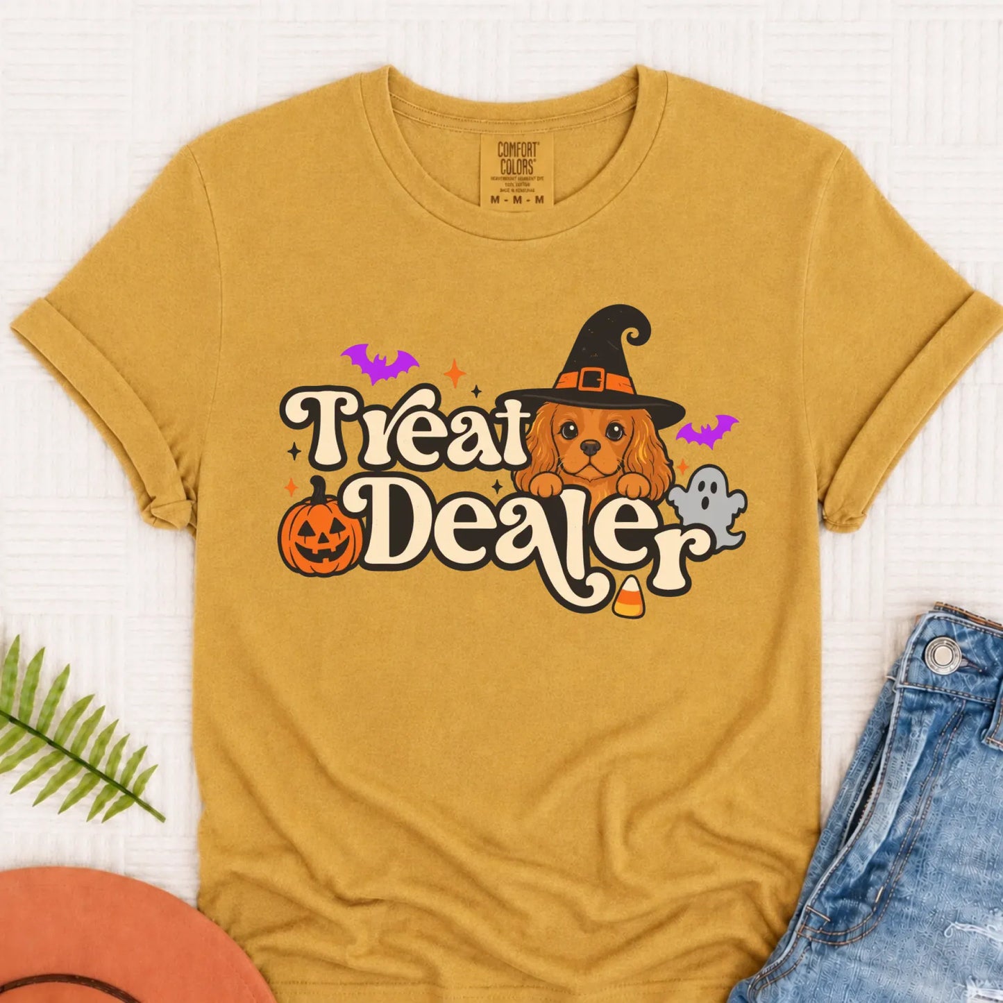 Custom Cavalier Halloween Treat Dealer Unisex Tshirt Mustard