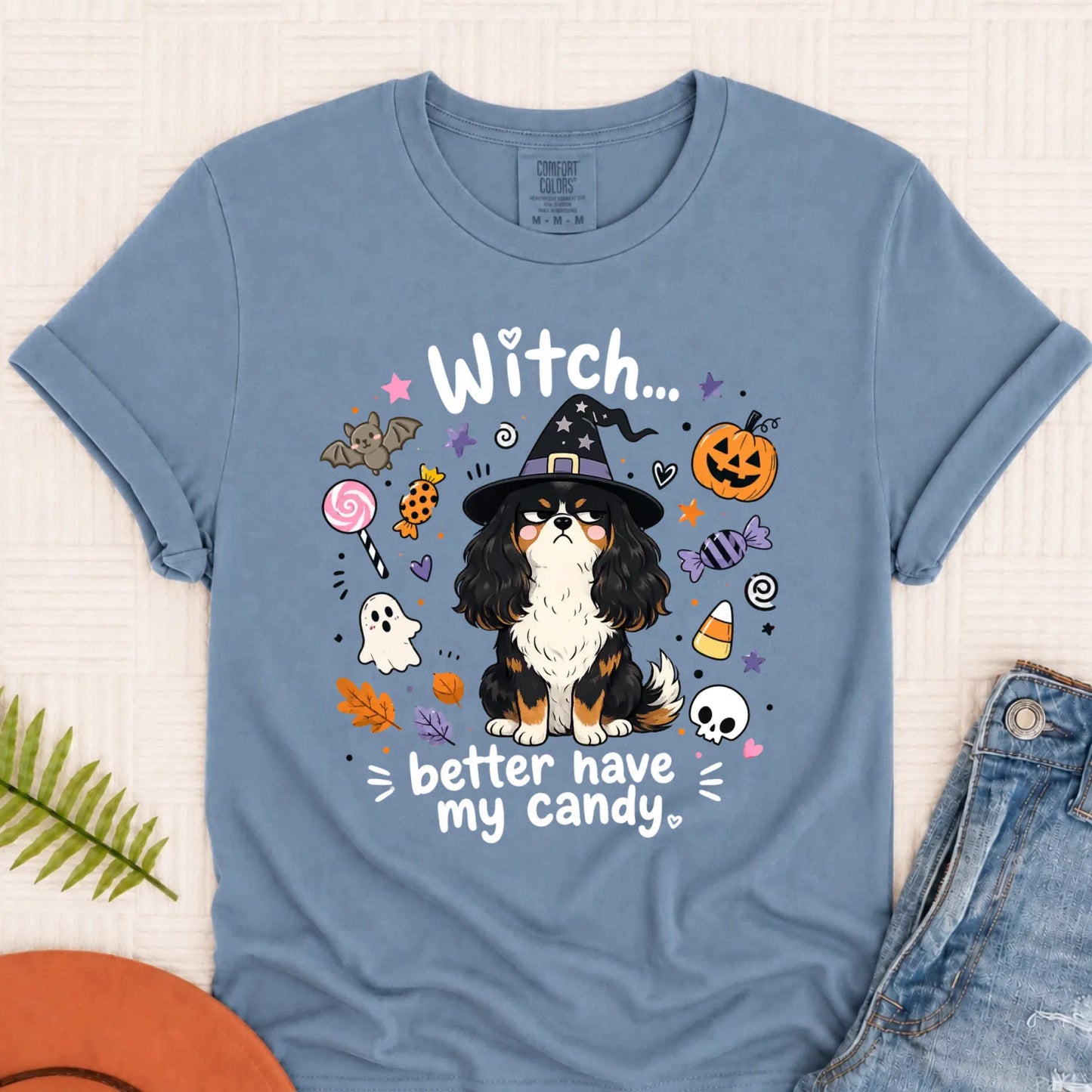 Custom Cavalier Halloween Witch Candy Unisex Tshirt Blue Jean