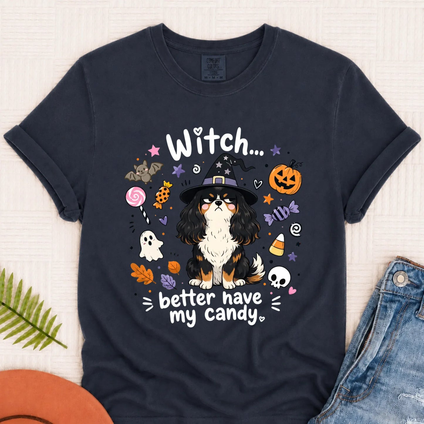 Custom Cavalier Halloween Witch Candy Unisex Tshirt Navy
