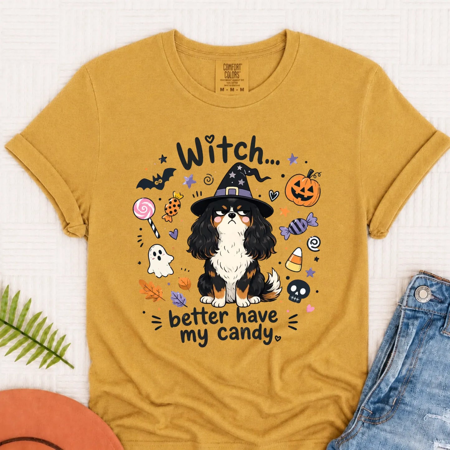 Custom Cavalier Halloween Witch Candy Unisex Tshirt Mustard