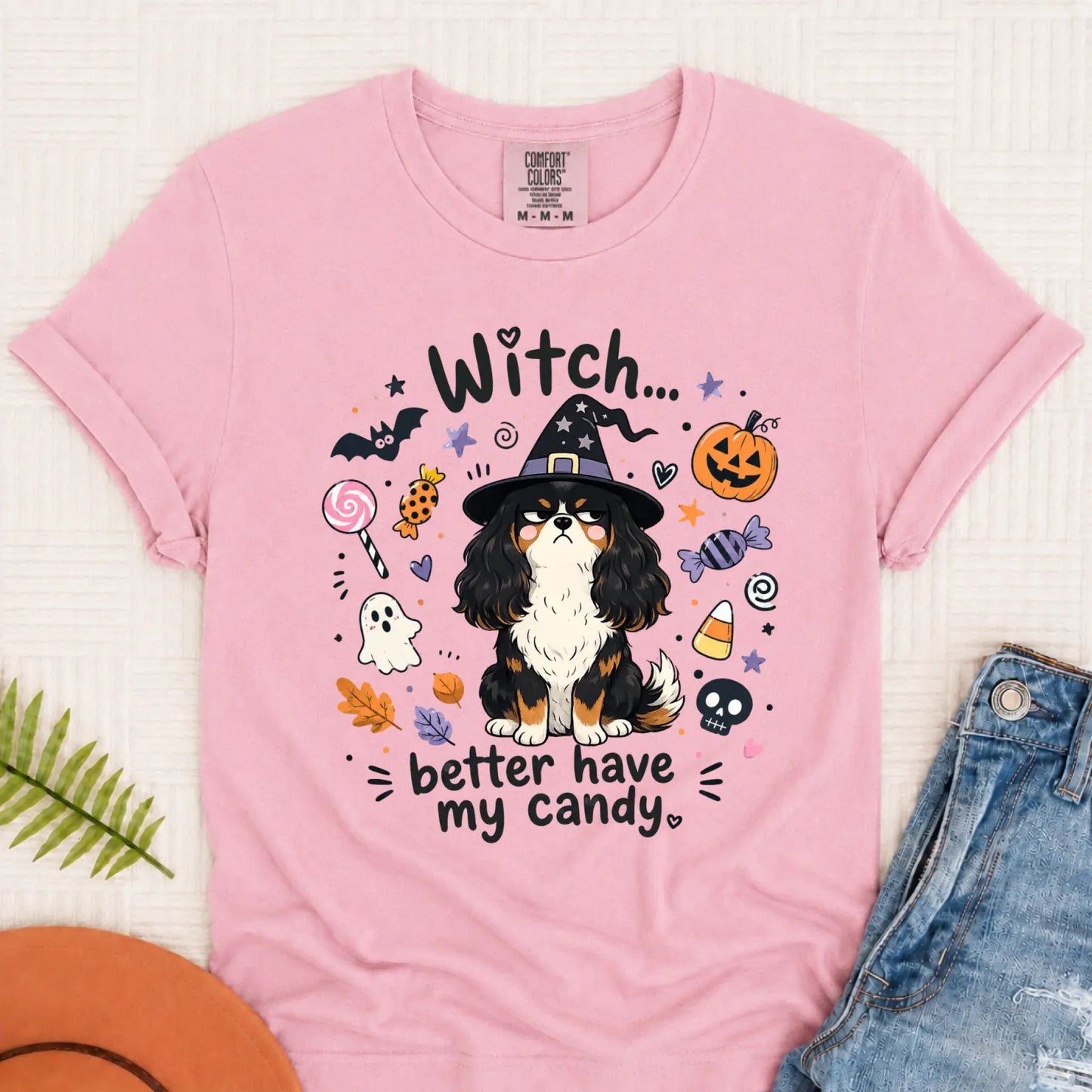 Custom Cavalier Halloween Witch Candy Unisex Tshirt Blossom