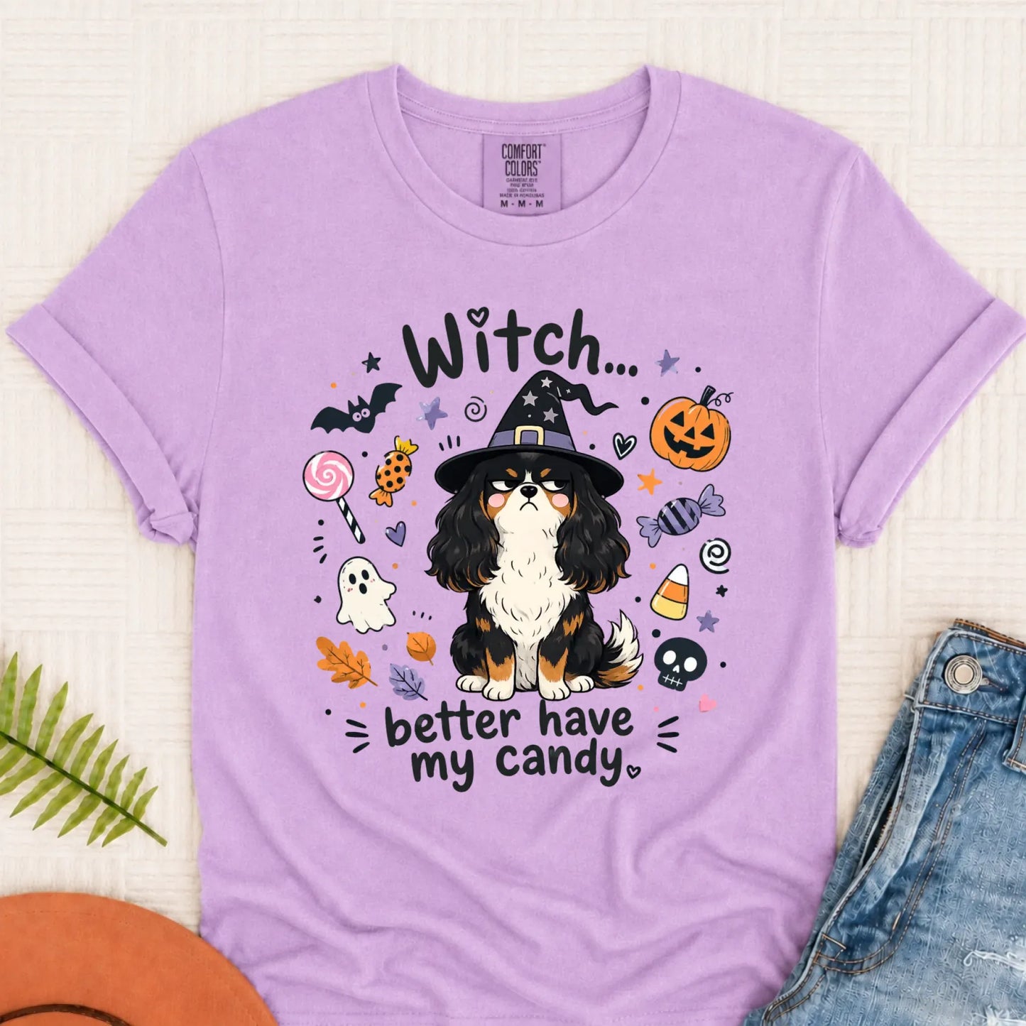 Custom Cavalier Halloween Witch Candy Unisex Tshirt Orchid