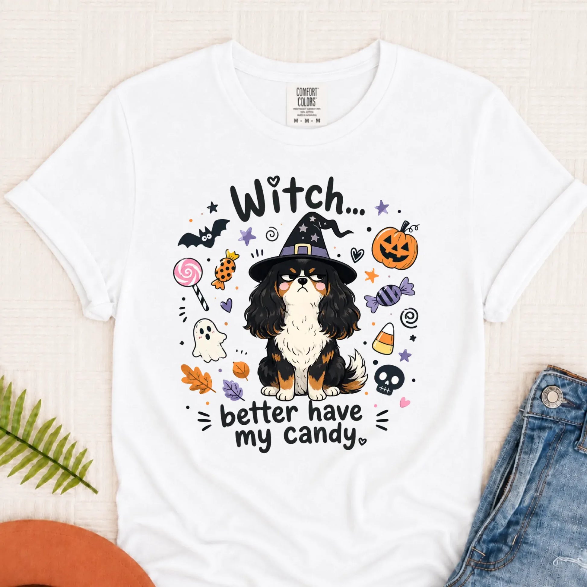 Custom Cavalier Halloween Witch Candy Unisex Tshirt White