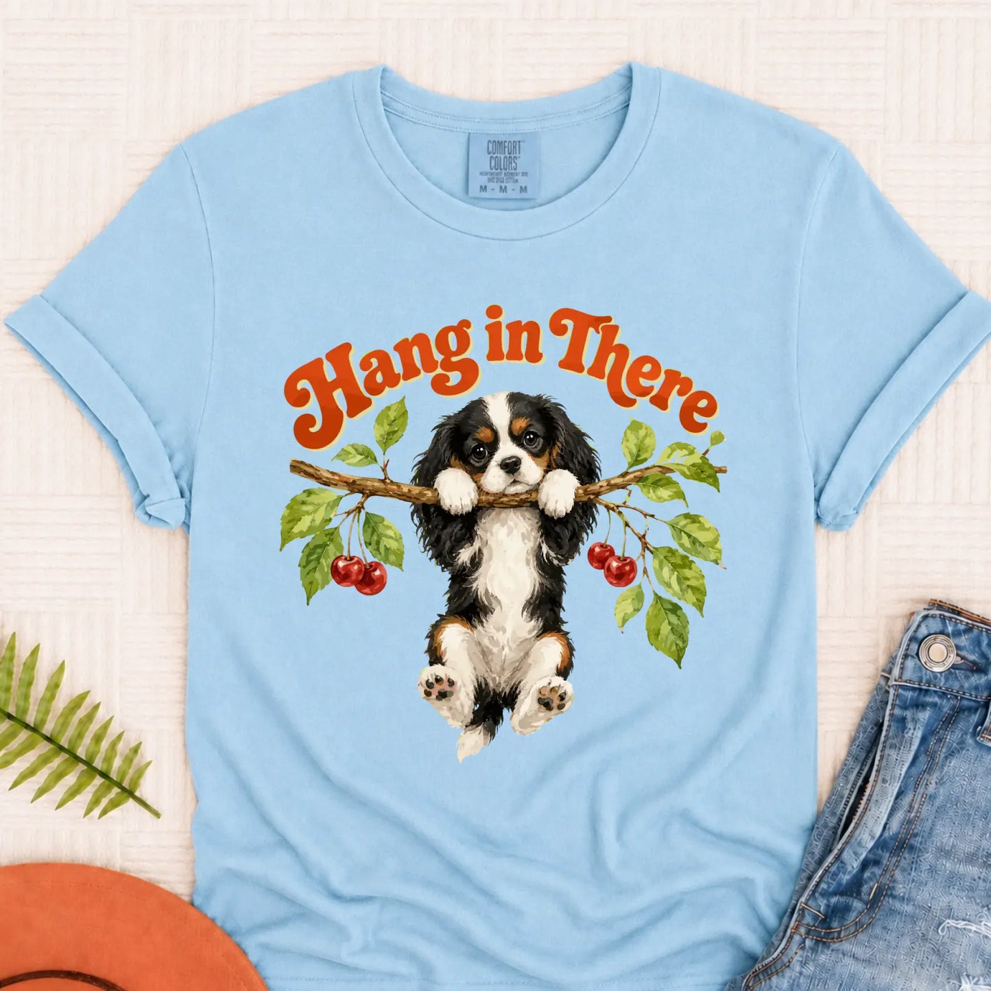 Custom Cavalier Hang In There Unisex Tshirt Chambray