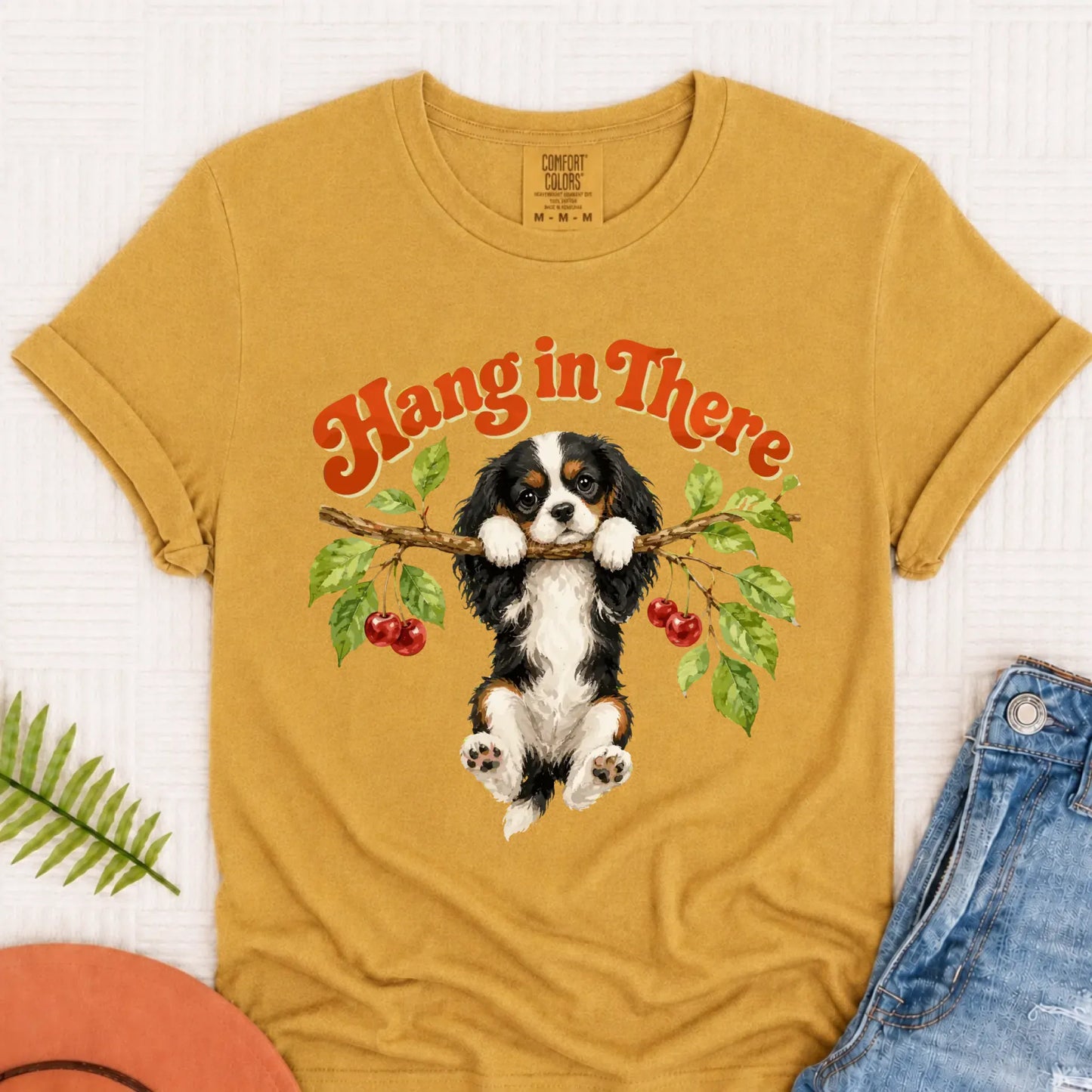 Custom Cavalier Hang In There Unisex Tshirt Mustard