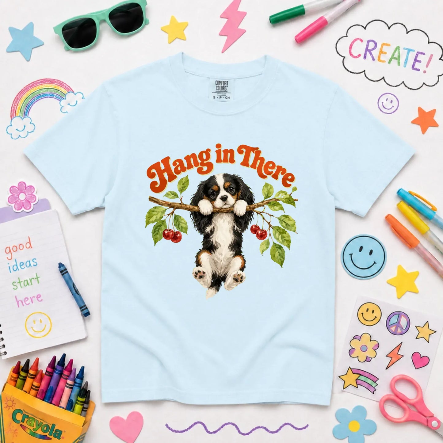 Custom Cavalier Hang In There Unisex YOUTH Tshirt Chambray