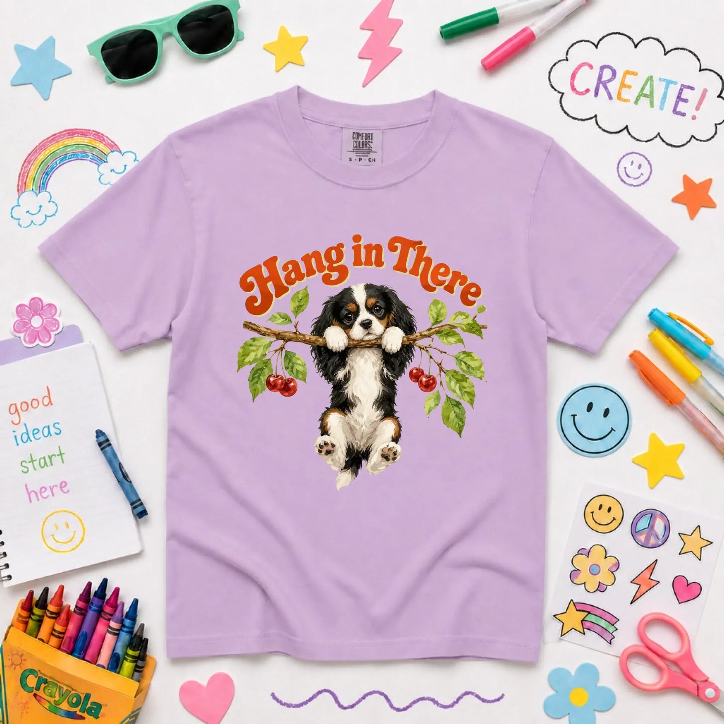 Custom Cavalier Hang In There Unisex YOUTH Tshirt Orchid