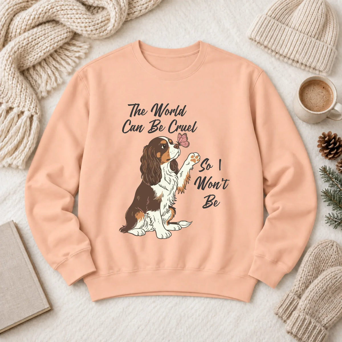 Custom Cavalier Happy Mental Health Unisex Sweatshirt Peachy
