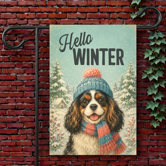 Custom Cavalier Hello Winter Garden Flag 12'' × 18''