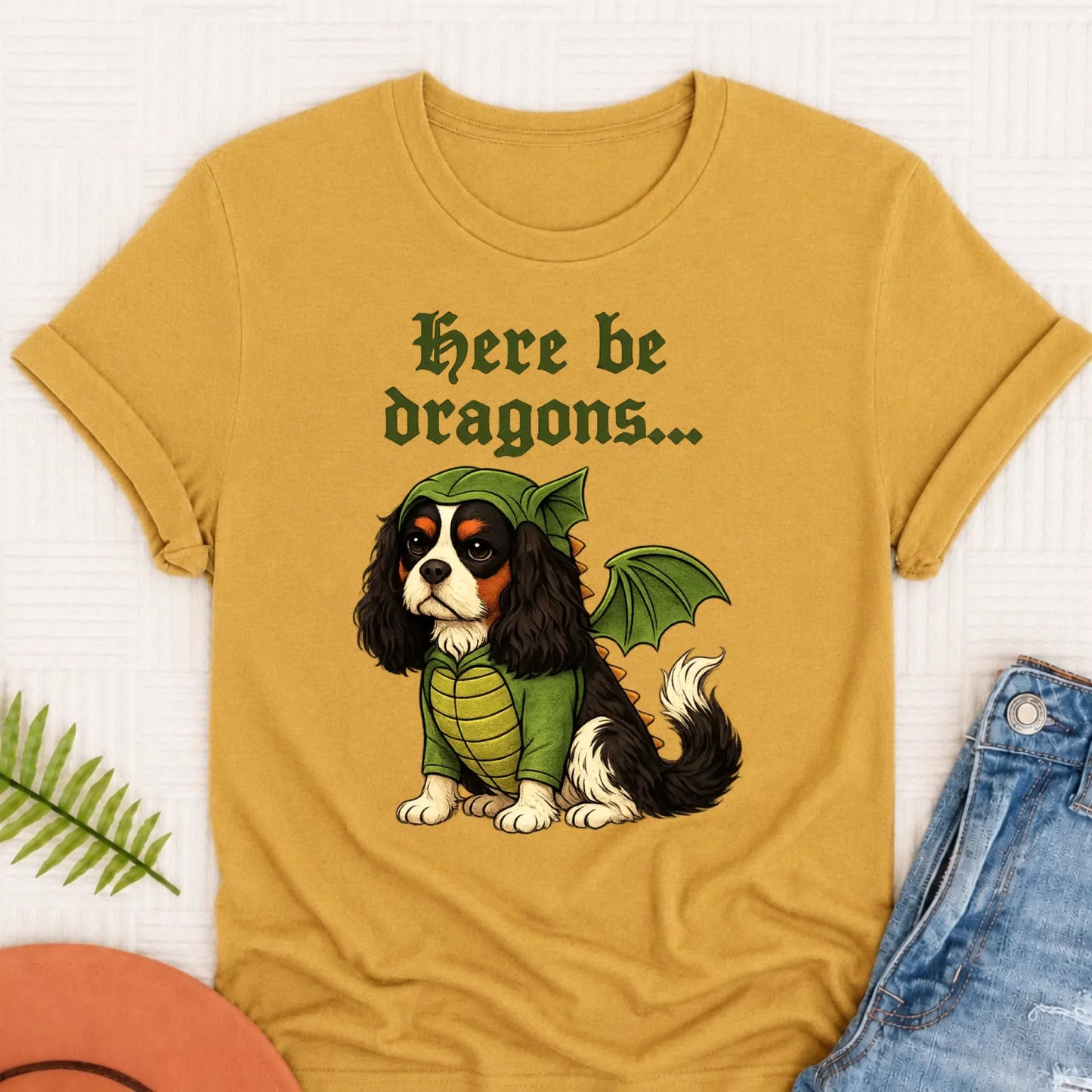 Custom Cavalier Here Be Dragons Unisex TShirt Mustard