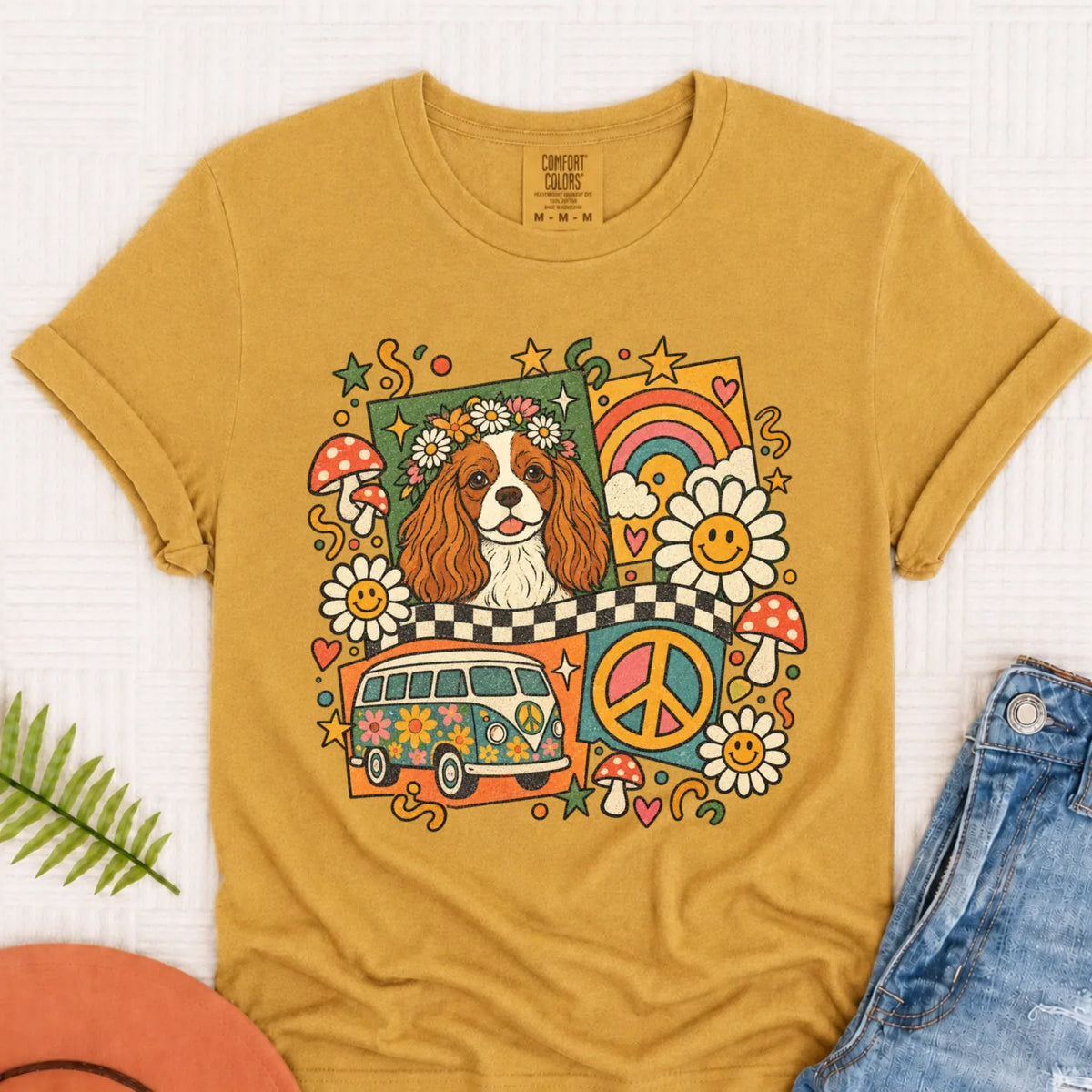 T-Shirt Mustard / S Custom Cavalier Hippie Mushrooms Unisex Tshirt