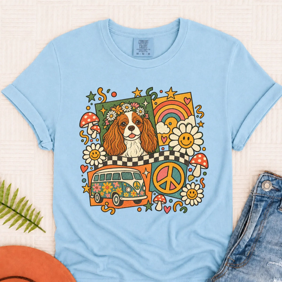 T-Shirt Chambray / S Custom Cavalier Hippie Mushrooms Unisex Tshirt