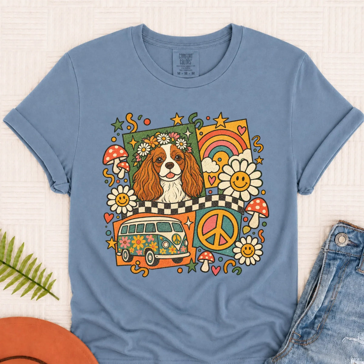 T-Shirt Blue Jean / S Custom Cavalier Hippie Mushrooms Unisex Tshirt